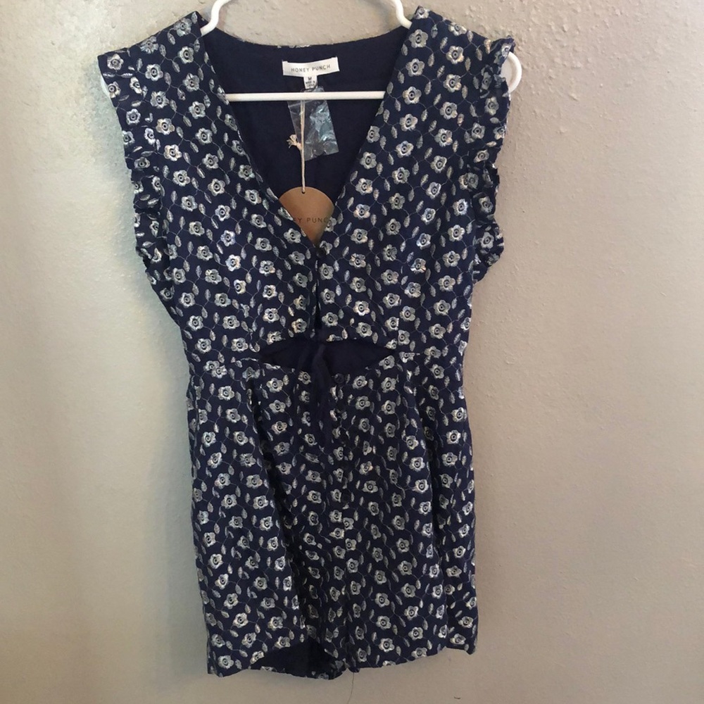 Honey Punch Navy and White Floral Jumpsuit